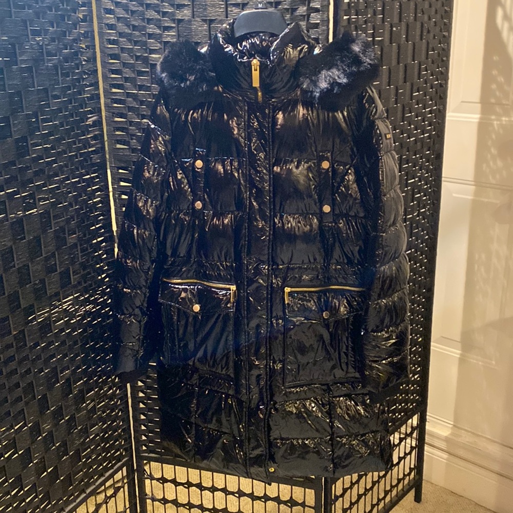 Donna Karan New York Black Shiny Puffer Jacket with Faux Fur Hood
